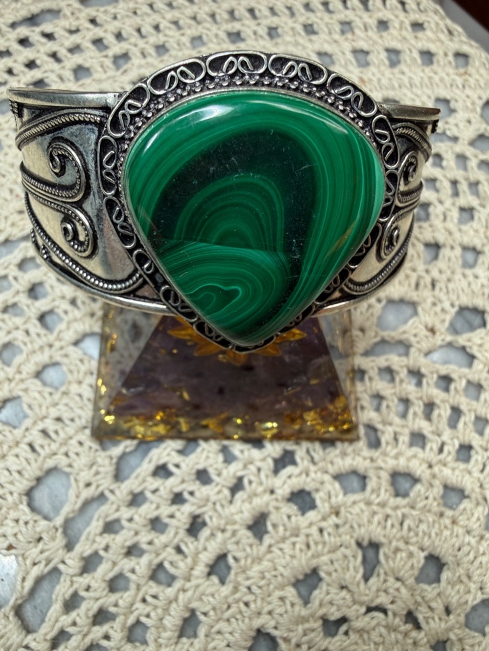 Statement Green Malachite-Style Stone Silver Cuff Bracelet